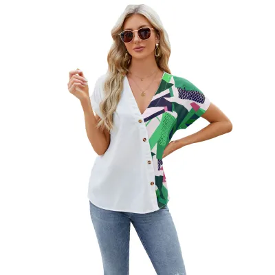 Women Spring Summer V-Neck Geometric Print Short Sleeve Chiffon Blouse