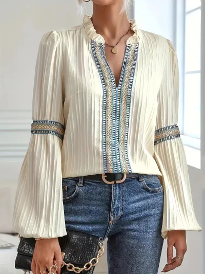 Boho Fashion Lace Lantern Sleeve V-Neck Women Blouse