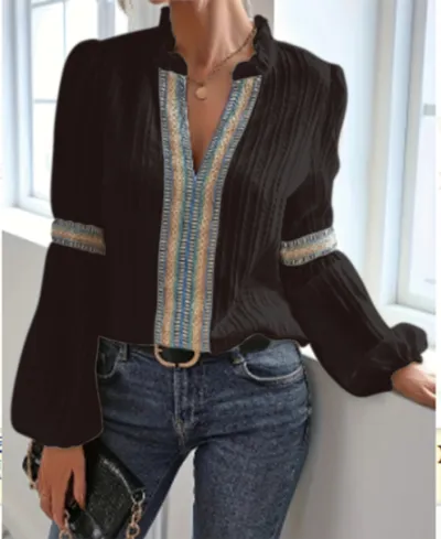 Boho Fashion Lace Lantern Sleeve V-Neck Women Blouse