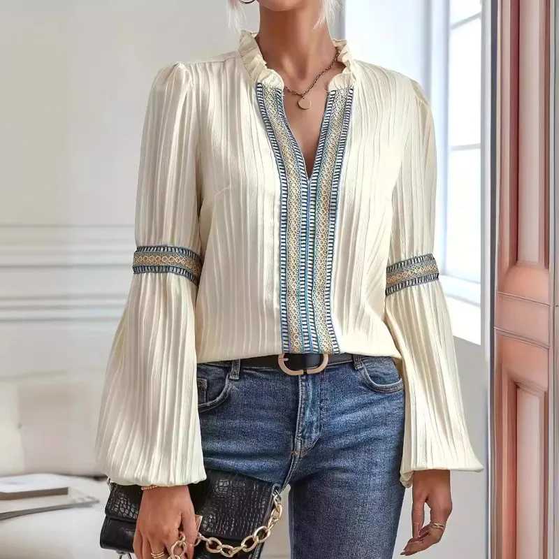 Boho Fashion Lace Lantern Sleeve V-Neck Women Blouse