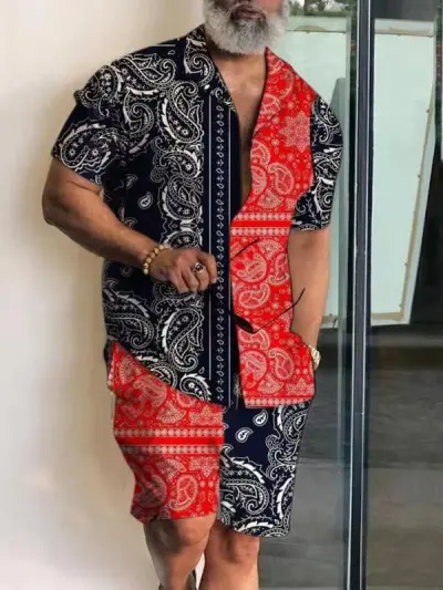 Men Fashion Casual Flower 3D Print Plus Size Short Sleeve Lapel Shirt Shorts Set