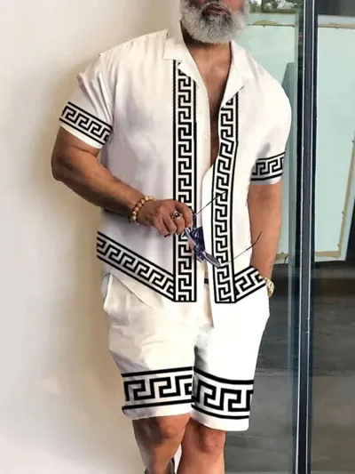 Men Fashion Casual Flower 3D Print Plus Size Short Sleeve Lapel Shirt Shorts Set