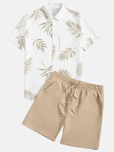Men Fashion Casual Flower 3D Print Plus Size Short Sleeve Lapel Shirt Shorts Set