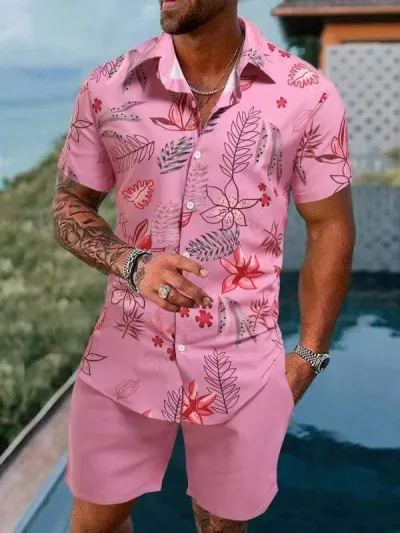 Men Fashion Casual Flower 3D Print Plus Size Short Sleeve Lapel Shirt Shorts Set