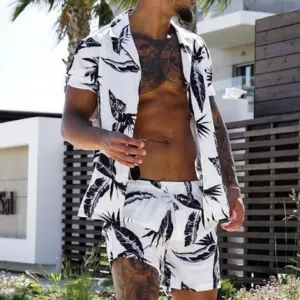 Men Fashion Casual Flower 3D Print Plus Size Short Sleeve Lapel Shirt Shorts Set