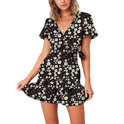 Summer V-Neck Floral Printed Short-Sleeve Lace-Up Ruffled Dress