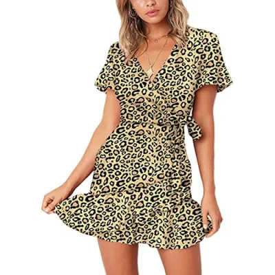 Summer V-Neck Floral Printed Short-Sleeve Lace-Up Ruffled Dress