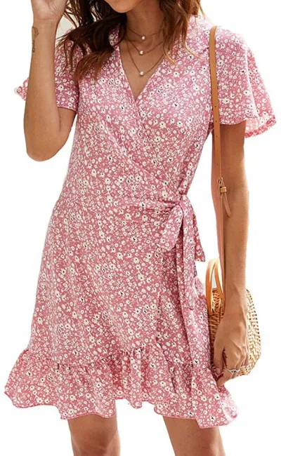Summer V-Neck Floral Printed Short-Sleeve Lace-Up Ruffled Dress