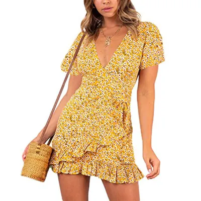 Summer V-Neck Floral Printed Short-Sleeve Lace-Up Ruffled Dress