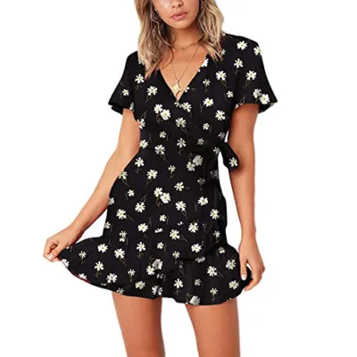 Summer V-Neck Floral Printed Short-Sleeve Lace-Up Ruffled Dress