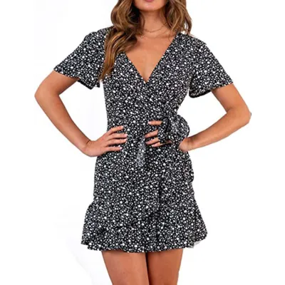 Summer V-Neck Floral Printed Short-Sleeve Lace-Up Ruffled Dress