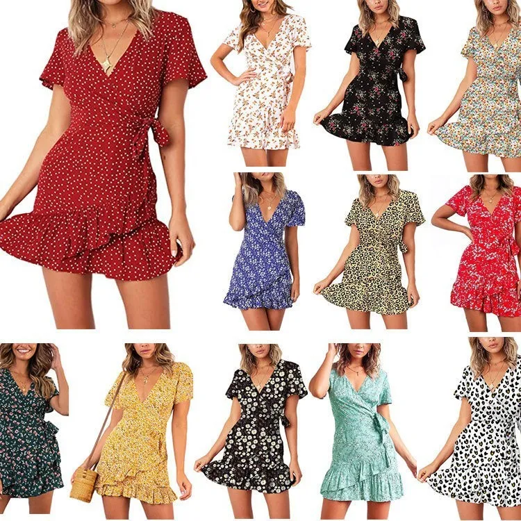 Summer V-Neck Floral Printed Short-Sleeve Lace-Up Ruffled Dress
