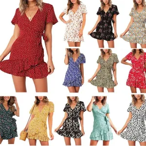 Summer V-Neck Floral Printed Short-Sleeve Lace-Up Ruffled Dress