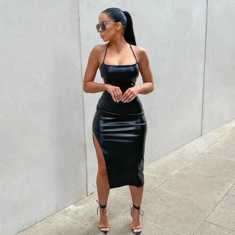 Pu Leather Nightclub Style Sexy Backless Strap Solid Color Women Side-Slit Midi Dress