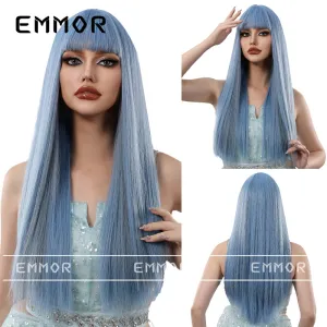 Women's Blue Long Straight Wig with Bangs Natural Beauty Wigs
