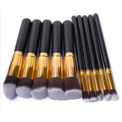 10Pcs Portable Wooden Handle Makeup Brush Set with Man-Made Fiber Bristles