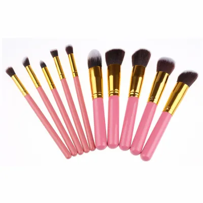10Pcs Portable Wooden Handle Makeup Brush Set with Man-Made Fiber Bristles