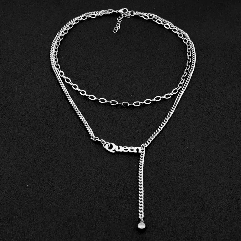Women Fashion Double Layer Titanium Steel Letter Queen Pendant Necklace Original Design Water Wave Chain