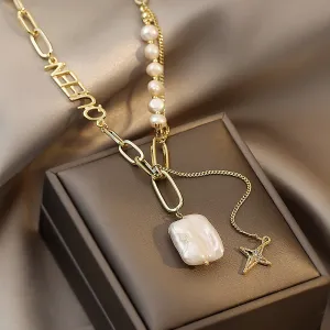 Women Fashion Creative Baroque Alien Freshwater Pearl Metal Chain Stitching Star Necklace