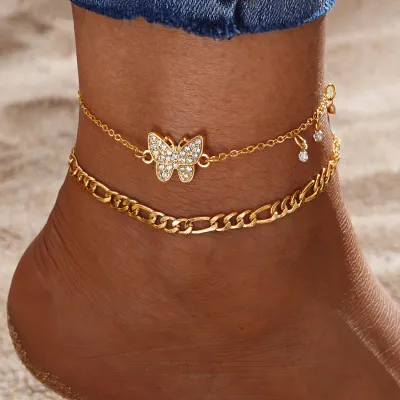 Women Fashion Simple Multi-Layer Butterfly Pearl Alloy Anklet
