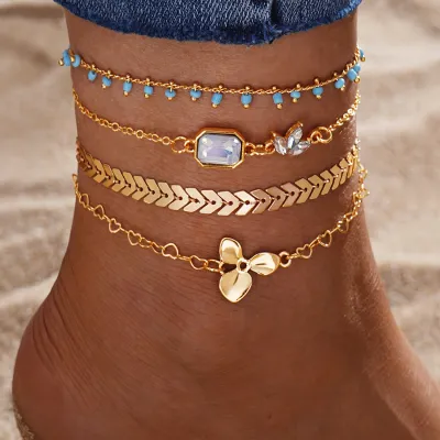 Women Fashion Simple Multi-Layer Butterfly Pearl Alloy Anklet