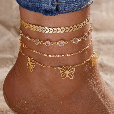 Women Fashion Simple Multi-Layer Butterfly Pearl Alloy Anklet