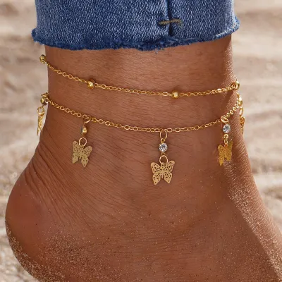 Women Fashion Simple Multi-Layer Butterfly Pearl Alloy Anklet