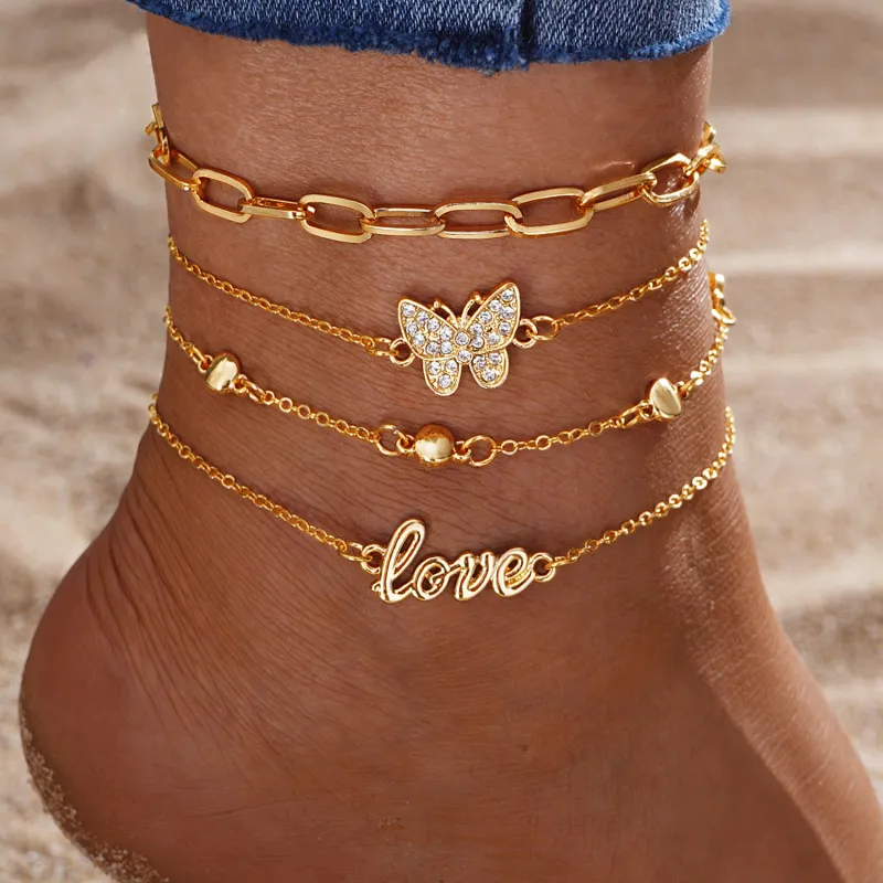 Women Fashion Simple Multi-Layer Butterfly Pearl Alloy Anklet