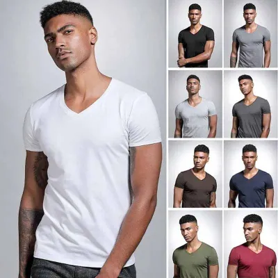 Men Fashion Casual Basic Solid Color Plus Size Short Sleeve V Neck Round Neck T-Shirt
