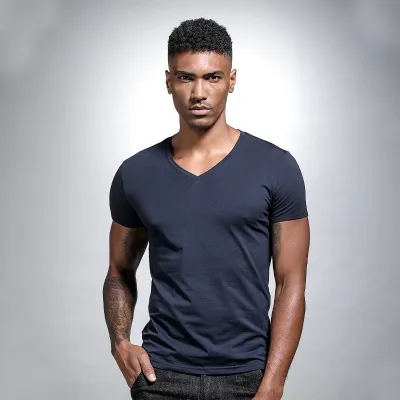 Men Fashion Casual Basic Solid Color Plus Size Short Sleeve V Neck T-Shirt