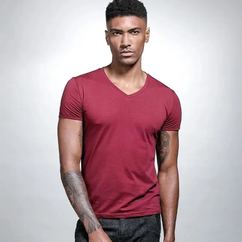 Men Fashion Casual Basic Solid Color Plus Size Short Sleeve V Neck T-Shirt