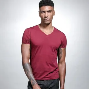 Men Fashion Casual Basic Solid Color Plus Size Short Sleeve V Neck T-Shirt