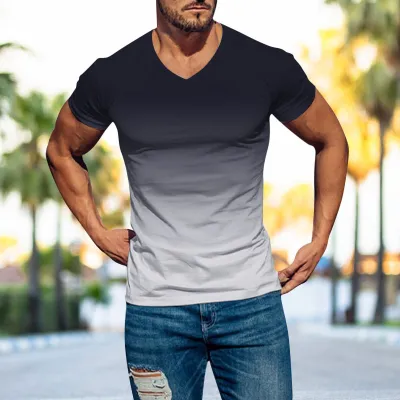 Men Fashion Casual Gradient Color Plus Size Short Sleeve V Neck T-Shirt