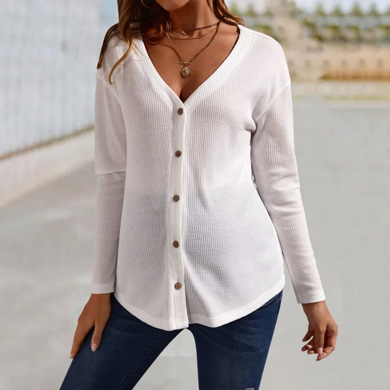 Pregnant Women Casual Solid Color Deep V Button Long Sleeve Top