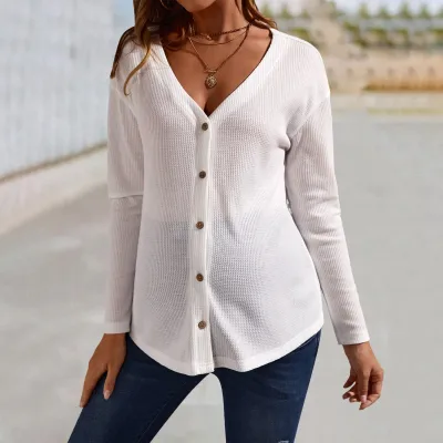 Pregnant Women Casual Solid Color Deep V Button Long Sleeve Top