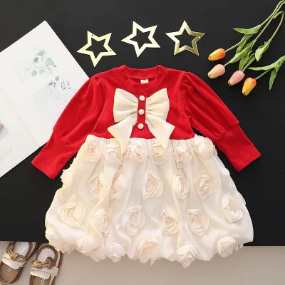 Kids Baby Girls Casual Cute Color Matching Flower Bow Long Sleeve Dress