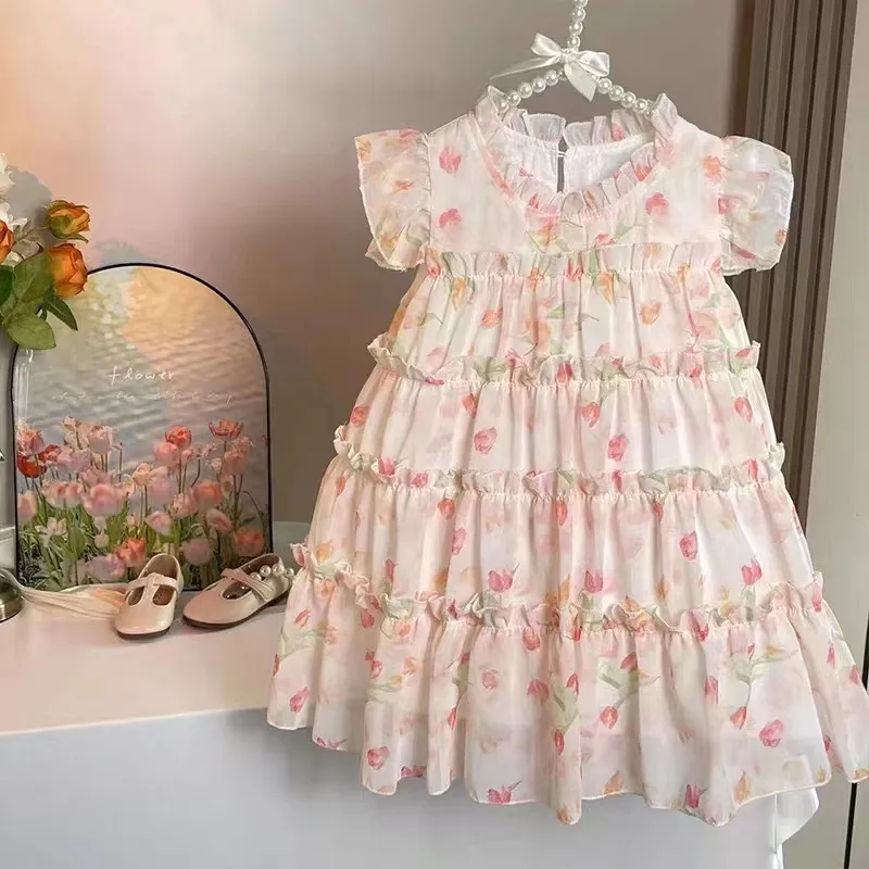 Kids Toddler Girls Casual Cute Tiny Floral Short Sleeve Princess A-Line Skirt Dress