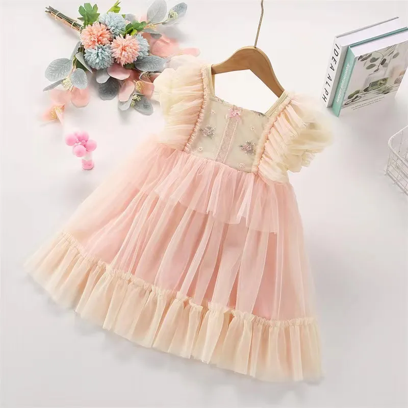 Kids Toddler Girls Casual Cute Princess Lace Embroidery Mesh Sleeveless Dress