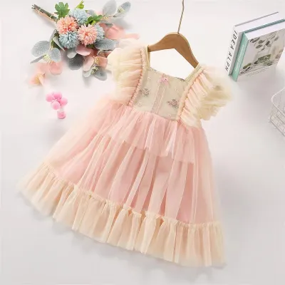 Kids Toddler Girls Casual Cute Princess Lace Embroidery Mesh Sleeveless Dress