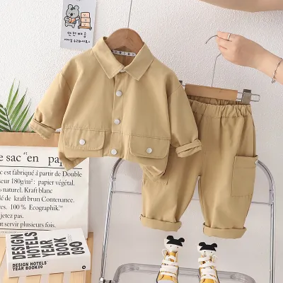 Kids Toddler Boys Fashion Casual Solid Cotton Cargo Style Long Sleeve Lapel Shirt Cargo Pants Two-Piece Set