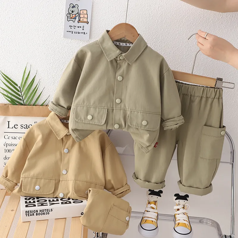 Kids Toddler Boys Fashion Casual Solid Cotton Cargo Style Long Sleeve Lapel Shirt Cargo Pants Two-Piece Set