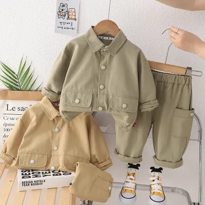 Kids Toddler Boys Fashion Casual Solid Color Cargo Style Long Sleeve Lapel Shirt Cargo Pants Set