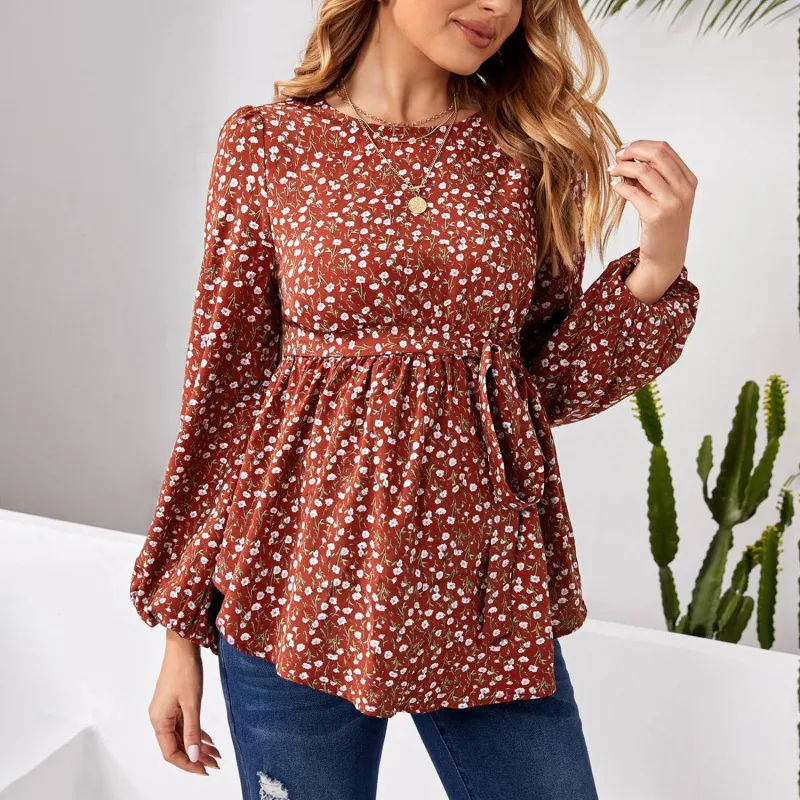 Maternity Lace-Up Top Floral Printed Round Neck Long Sleeve