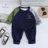 Long Sleeve Split Sleeve Dinosaur Crewneck Suit Navy Blue