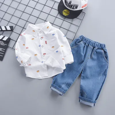 Kids Toddler Boys Fashion Casual Cartoon Print Long Sleeve Lapel Shirt Jeans Set