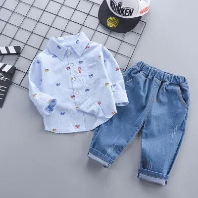 Kids Toddler Boys Fashion Casual Cartoon Print Long Sleeve Lapel Shirt Jeans Set