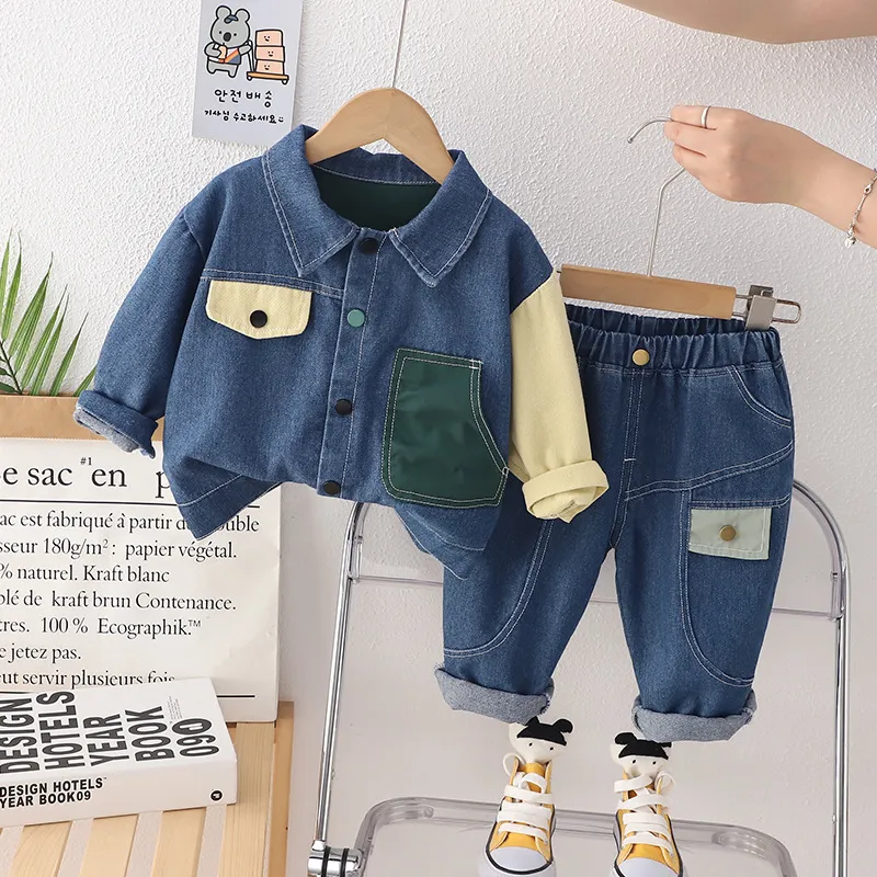 Kids Toddler Boys Spring Autumn Casual Colorblock Long Sleeve Lapel Denim Jacket Jeans Set