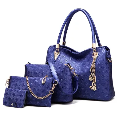 Women Fashion Floral Embossed Butterfly Metal Pendant Handbag Wallet Shoulder Bag Four-Piece Set