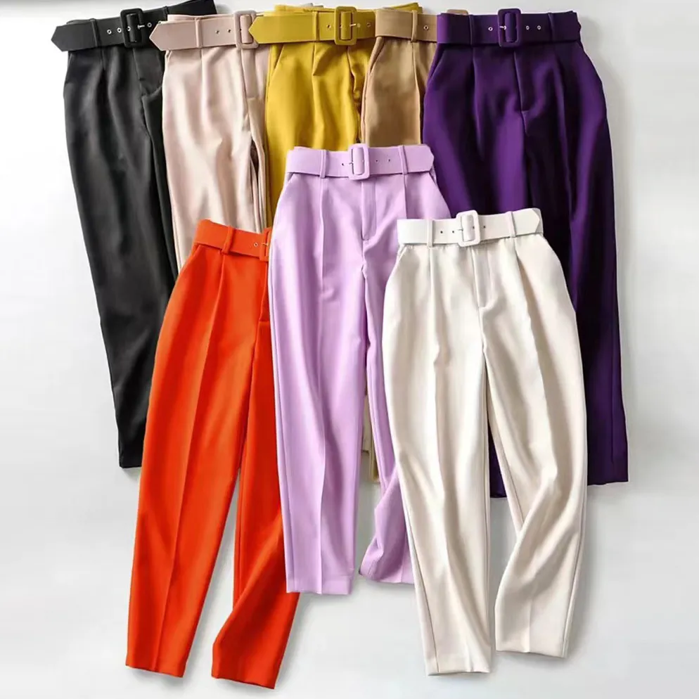 Women Casual Solid Color Cropped High Waist Straight Leg Pants