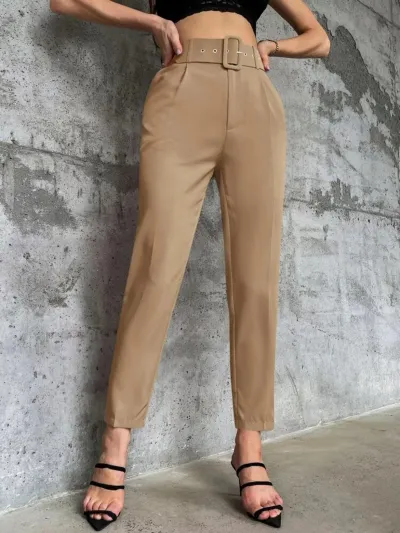 Women Casual Solid Color Cropped High Waist Straight Leg Pants